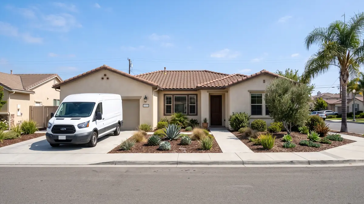 Slab-on-grade home with a service van in the driveway, booked for slab leak detection and repair