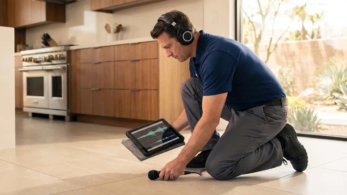 Technician testing a tile floor for a hidden leak during slab leak detection and repair