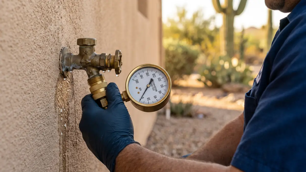 Pressure gauge fitted to an outdoor hose bib, the first test in slab leak detection and repair