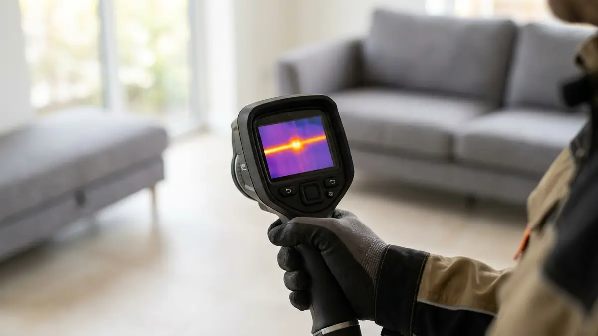 Thermal camera showing the heat trail of a leaking hot water line during slab leak detection and repair